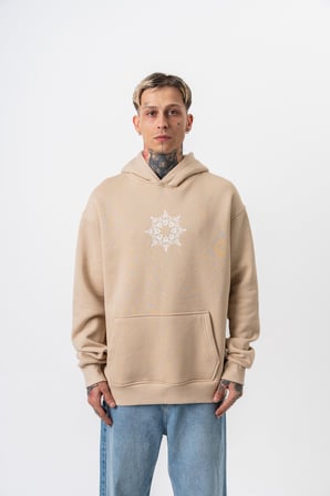 Erkek Itsbyzey Nakışlı Kapüşonlu Oversize Hoodie Bej