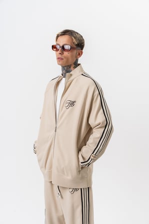 Erkek 3'lü Şerit Detaylı Dik Yaka Doubleface Zip Oversize Sweatshirt Bej