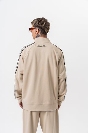 Erkek 3'lü Şerit Detaylı Dik Yaka Doubleface Zip Oversize Sweatshirt Bej