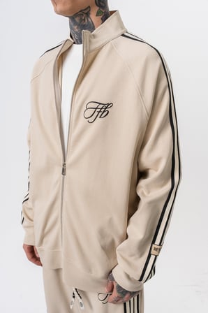 Erkek 3'lü Şerit Detaylı Dik Yaka Doubleface Zip Oversize Sweatshirt Bej