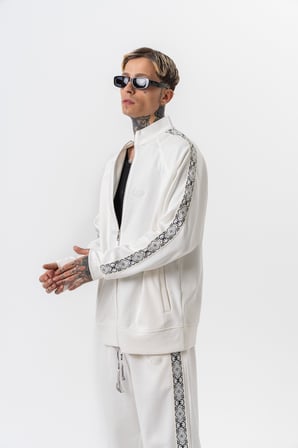Erkek Damask Şerit Detaylı Dik Yaka Doubleface Zip Oversize Sweatshirt Ekru
