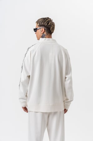 Erkek Damask Şerit Detaylı Dik Yaka Doubleface Zip Oversize Sweatshirt Ekru