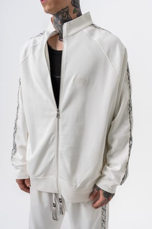 Erkek Damask Şerit Detaylı Dik Yaka Doubleface Zip Oversize Sweatshirt Ekru