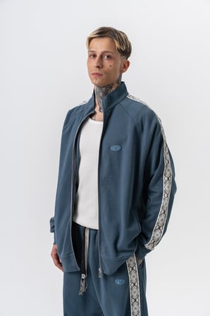 Erkek Damask Şerit Detaylı Dik Yaka Doubleface Zip Oversize Sweatshirt Petrol