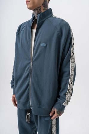 Erkek Damask Şerit Detaylı Dik Yaka Doubleface Zip Oversize Sweatshirt Petrol