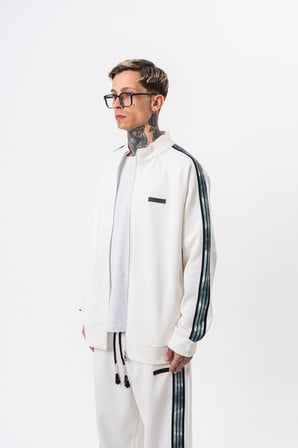 Erkek Dark Striped Şerit Detaylı Dik Yaka Doubleface Zip Oversize Sweatshirt Ekru
