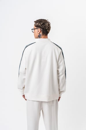 Erkek Dark Striped Şerit Detaylı Dik Yaka Doubleface Zip Oversize Sweatshirt Ekru