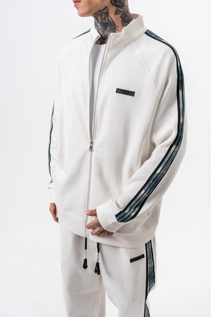 Erkek Dark Striped Şerit Detaylı Dik Yaka Doubleface Zip Oversize Sweatshirt Ekru