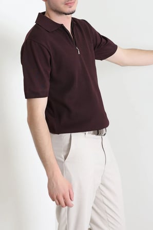 Modi Green Polo Yaka Fermuarlı Kısa Kollu Erkek Triko Mürdüm - 71658.518.