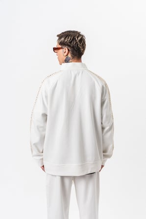 Erkek 7 Şerit Detaylı Dik Yaka Doubleface Zip Oversize Sweatshirt Ekru