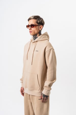 Erkek Respire Yazı Detaylı Kapüşonlu Basic Oversize Hoodie Bej