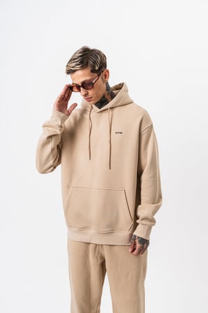 Erkek Respire Yazı Detaylı Kapüşonlu Basic Oversize Hoodie Bej