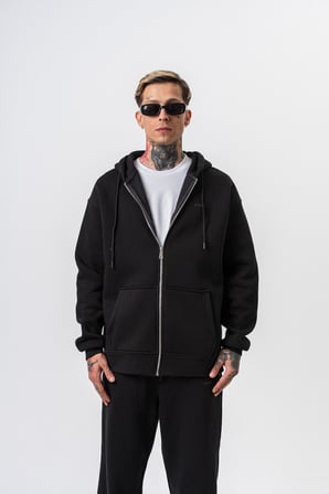 Erkek Respire Yazı Detaylı Kapüşonlu Basic Zip Oversize Hoodie Siyah