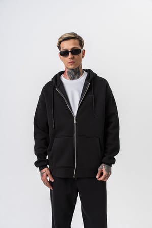 Erkek Respire Yazı Detaylı Kapüşonlu Basic Zip Oversize Hoodie Siyah