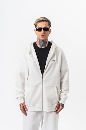 Erkek Respire Yazı Detaylı Kapüşonlu Basic Zip Oversize Hoodie Ekru