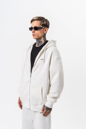 Erkek Respire Yazı Detaylı Kapüşonlu Basic Zip Oversize Hoodie Ekru