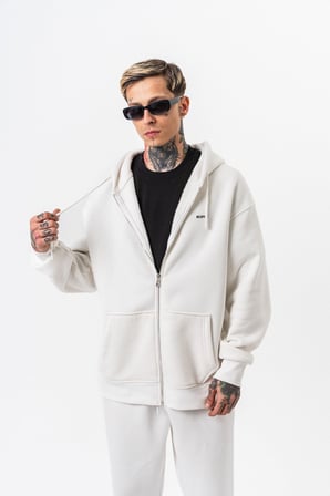 Erkek Respire Yazı Detaylı Kapüşonlu Basic Zip Oversize Hoodie Ekru
