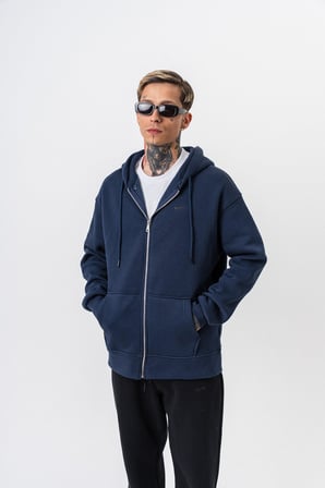 Erkek Respire Yazı Detaylı Kapüşonlu Basic Zip Oversize Hoodie Lacivert