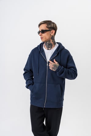 Erkek Respire Yazı Detaylı Kapüşonlu Basic Zip Oversize Hoodie Lacivert