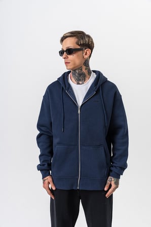 Erkek Respire Yazı Detaylı Kapüşonlu Basic Zip Oversize Hoodie Lacivert