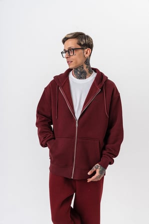 Erkek Respire Yazı Detaylı Kapüşonlu Basic Zip Oversize Hoodie Bordo