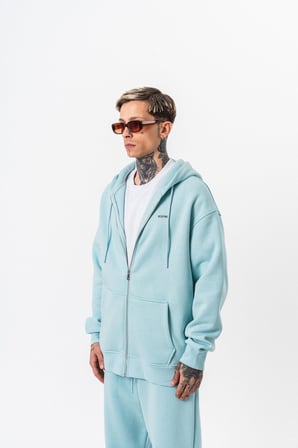 Erkek Respire Yazı Detaylı Kapüşonlu Basic Zip Oversize Hoodie Bebe Mavi