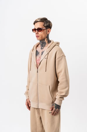 Erkek Respire Yazı Detaylı Kapüşonlu Basic Zip Oversize Hoodie Bej