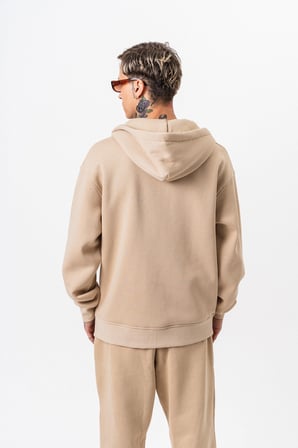 Erkek Respire Yazı Detaylı Kapüşonlu Basic Zip Oversize Hoodie Bej