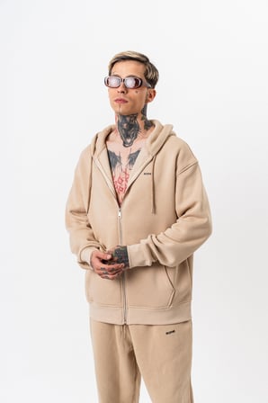 Erkek Respire Yazı Detaylı Kapüşonlu Basic Zip Oversize Hoodie Bej