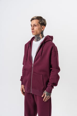 Erkek Respire Yazı Detaylı Kapüşonlu Basic Zip Oversize Hoodie Vişne