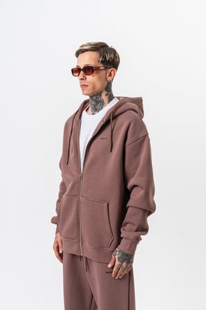 Erkek Respire Yazı Detaylı Kapüşonlu Basic Zip Oversize Hoodie Kakao
