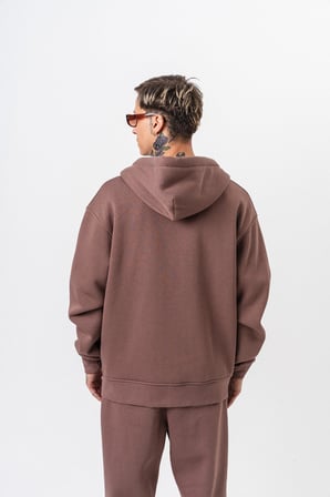 Erkek Respire Yazı Detaylı Kapüşonlu Basic Zip Oversize Hoodie Kakao