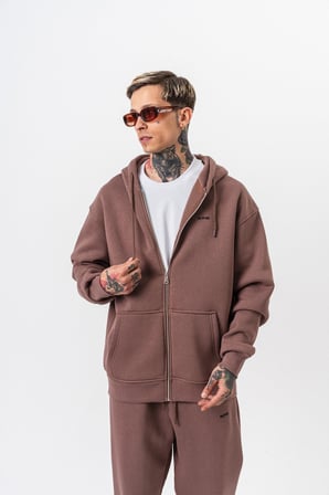 Erkek Respire Yazı Detaylı Kapüşonlu Basic Zip Oversize Hoodie Kakao