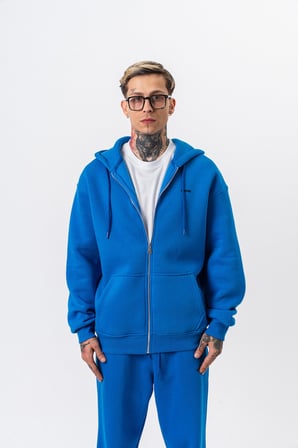 Erkek Respire Yazı Detaylı Kapüşonlu Basic Zip Oversize Hoodie Mavi