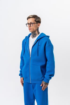 Erkek Respire Yazı Detaylı Kapüşonlu Basic Zip Oversize Hoodie Mavi