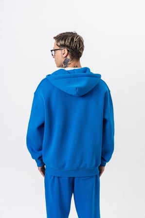 Erkek Respire Yazı Detaylı Kapüşonlu Basic Zip Oversize Hoodie Mavi
