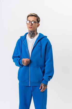 Erkek Respire Yazı Detaylı Kapüşonlu Basic Zip Oversize Hoodie Mavi