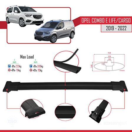 Opel Combo E Life 2019-2022 Arası ile Uyumlu FLY Model Ara Atkı Tavan Barı Siyah 3 Adet