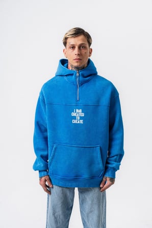 Erkek Create Baskılı Kapüşonlu Oversize Hoodie Mavi