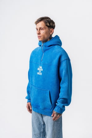 Erkek Create Baskılı Kapüşonlu Oversize Hoodie Mavi