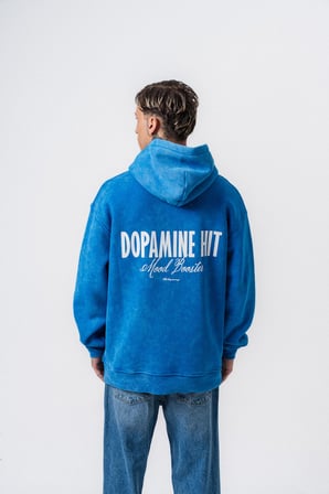 Erkek Dopamine Hit Baskılı Kapüşonlu Oversize Hoodie Mavi