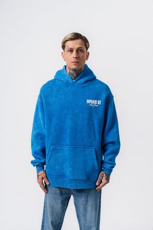 Erkek Dopamine Hit Baskılı Kapüşonlu Oversize Hoodie Mavi