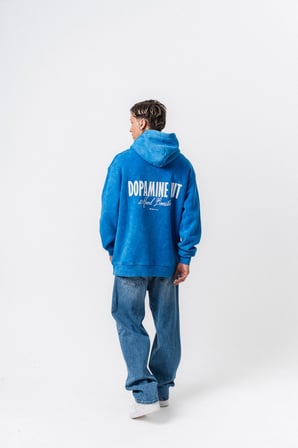 Erkek Dopamine Hit Baskılı Kapüşonlu Oversize Hoodie Mavi