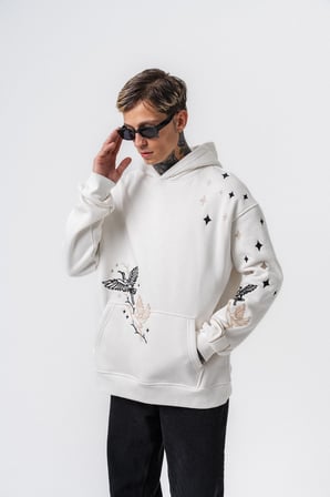 Erkek No Perch Nakışlı Kapüşonlu Oversize Hoodie Ekru