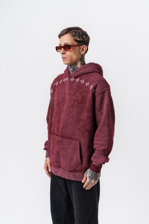 Erkek Muse Baskılı Yıkamalı Kapüşonlu Oversize Hoodie Bordo
