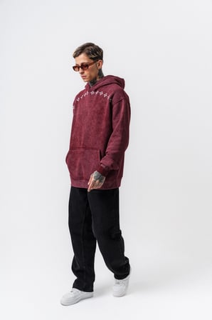 Erkek Muse Baskılı Yıkamalı Kapüşonlu Oversize Hoodie Bordo