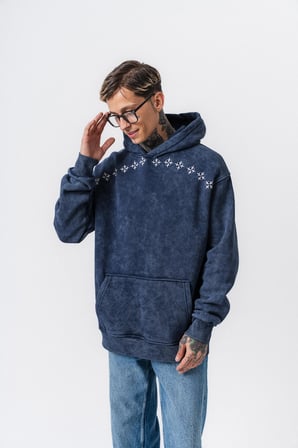 Erkek Muse Baskılı Yıkamalı Kapüşonlu Oversize Hoodie Lacivert