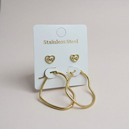 Love Yazılı Kalpli Kadın 2 Çift Çelik Küpe