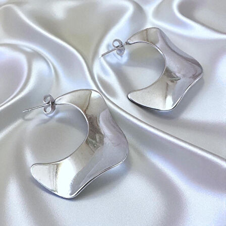 Akışkan Geometrik Tasarım Halka Damla  Kadın Çelik Küpe Gümüş Renk 