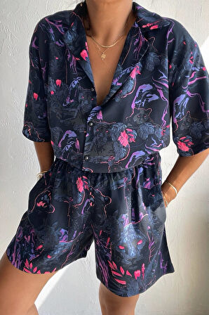 Lacivert Kaplanlı Şort Takım